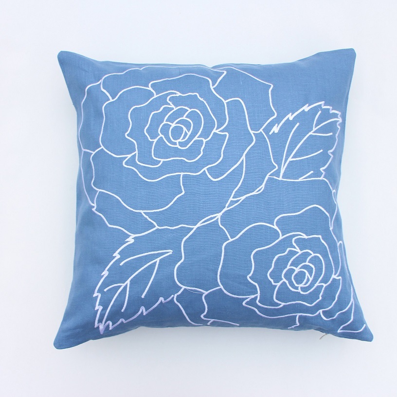 Rose embroidered blue linen cushion cover